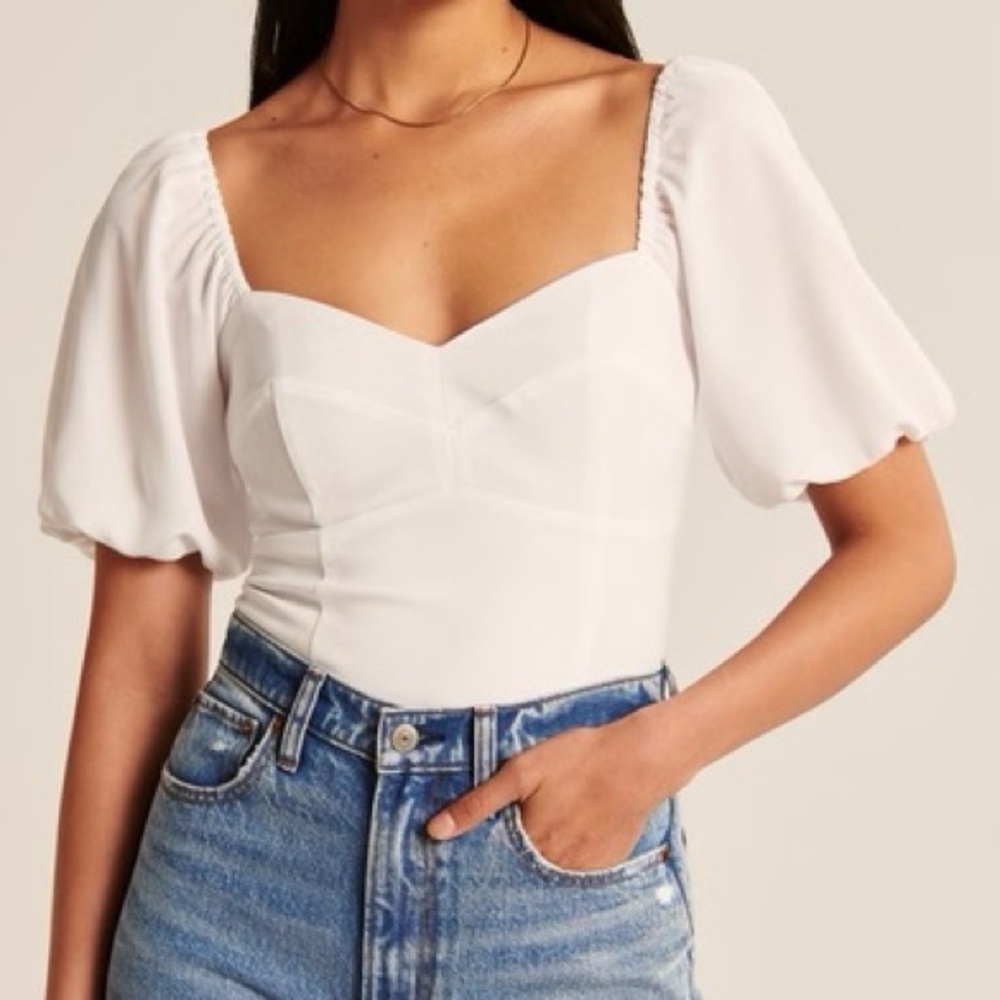 Abercrombie & Fitch A&F Puff Sleeve Corset Sweetheart Top - White Blouse